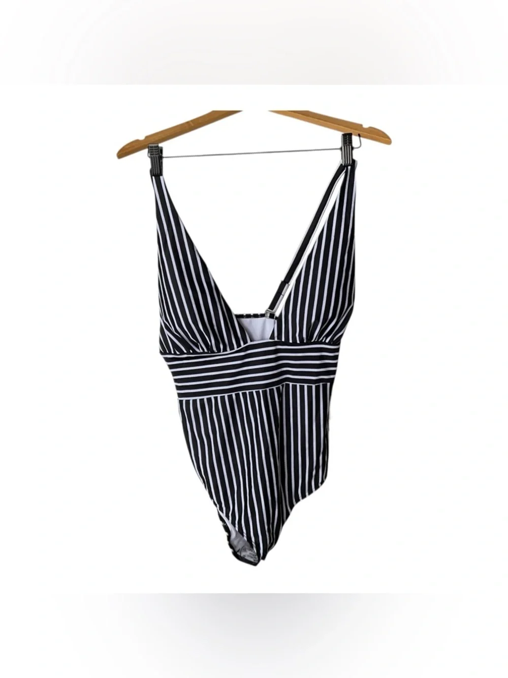 Black White Striped One Piece Swimsuit XL Plunge V Neck - Picture 2 of 4